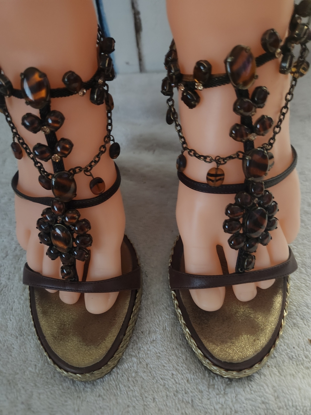 Goseppi Zanotti T-strap Brown Wedges w/ real Tigers Eye & Chains & Gold Trim